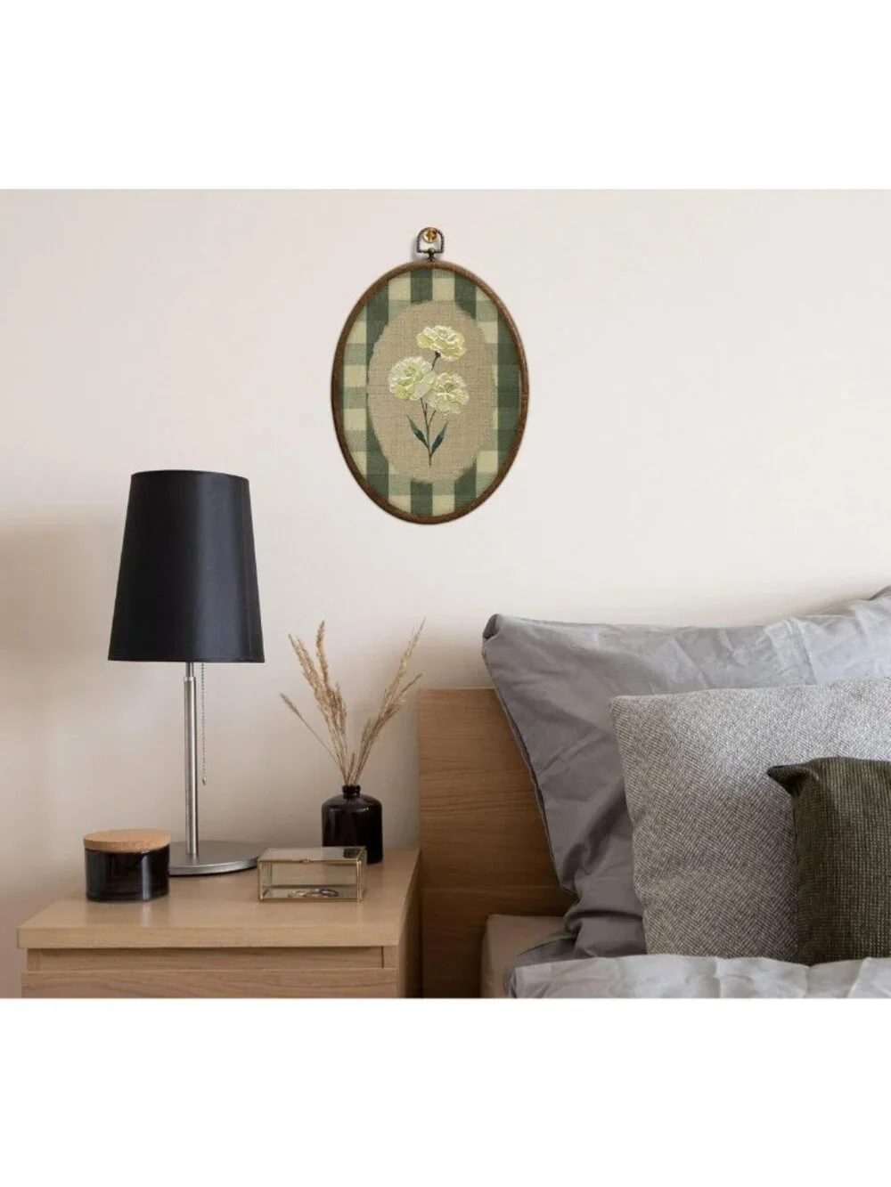 Botanical Flower Oval Wall Art - Green Gingham Cottage Decor for Farmhouse